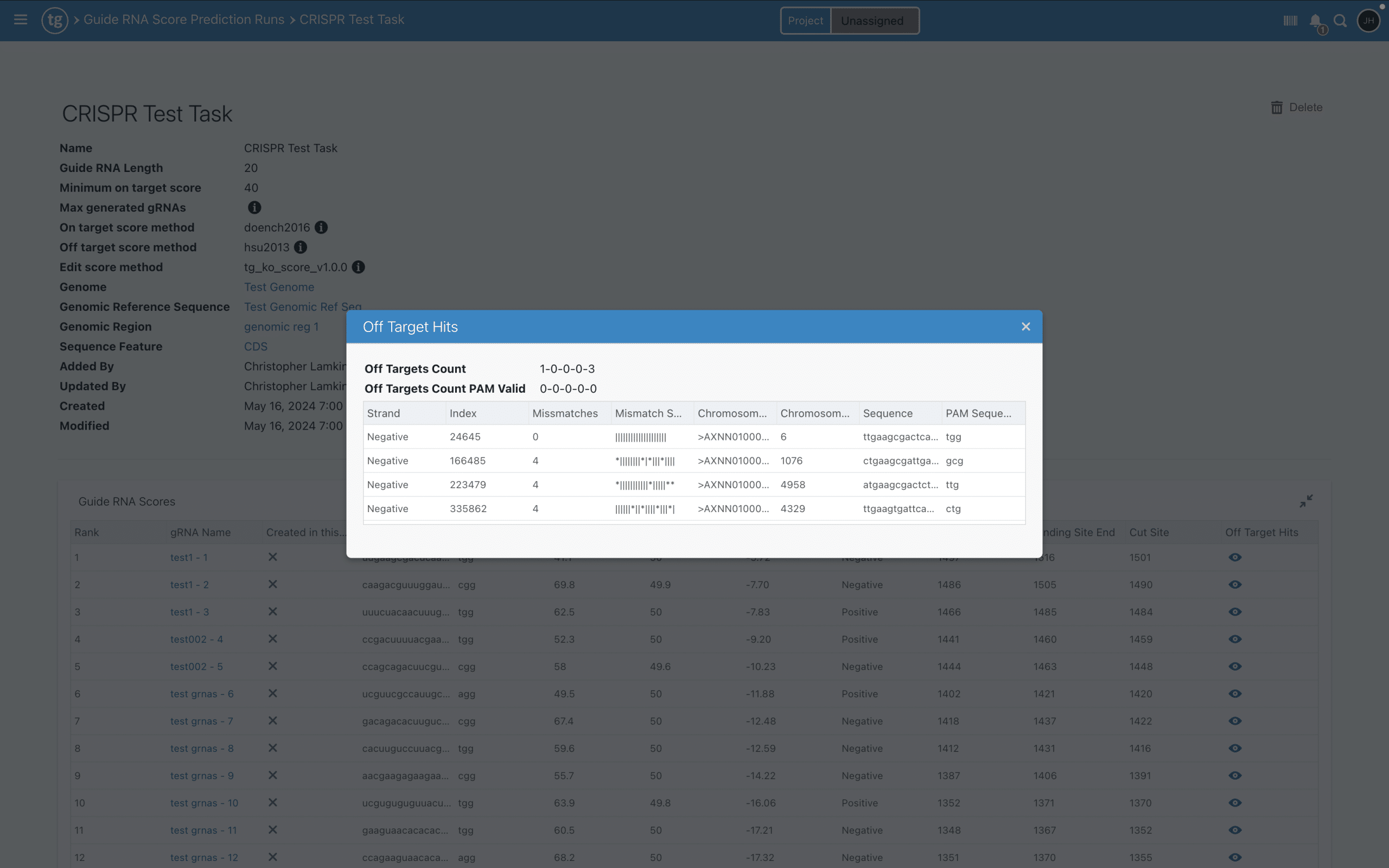 Screenshot of TeselaGen showing an example of the RNA scoring off target hits for CRISPR